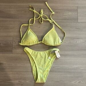Aerie Yellow Textured Triangle Bikini Set